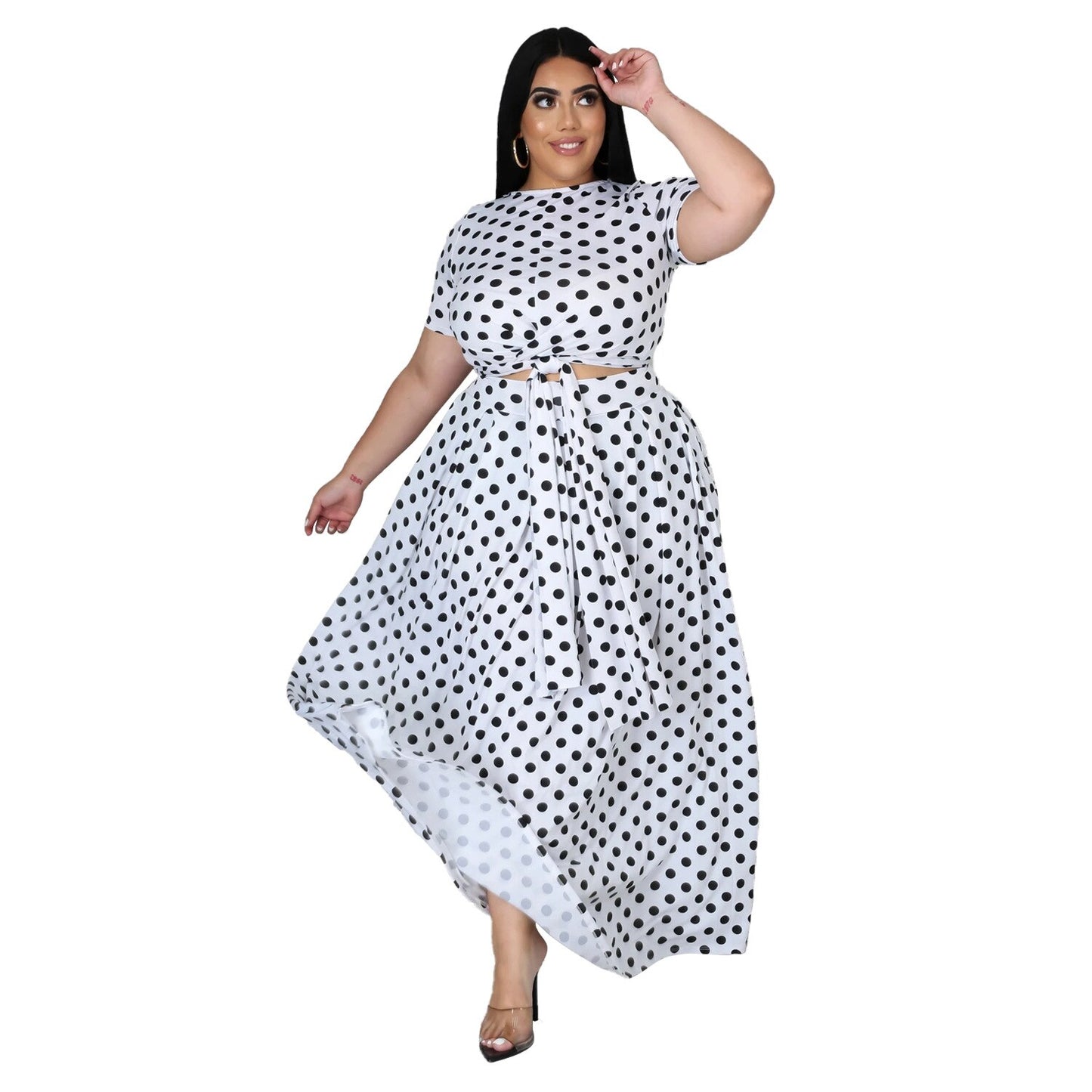 Tie-Dye/Plaid/Colorblock/Geometric/Floral/Polka Dot O-Neck Ladies Crop Top + Maxi Skirt 2-Piece Set to 5X Plus Size