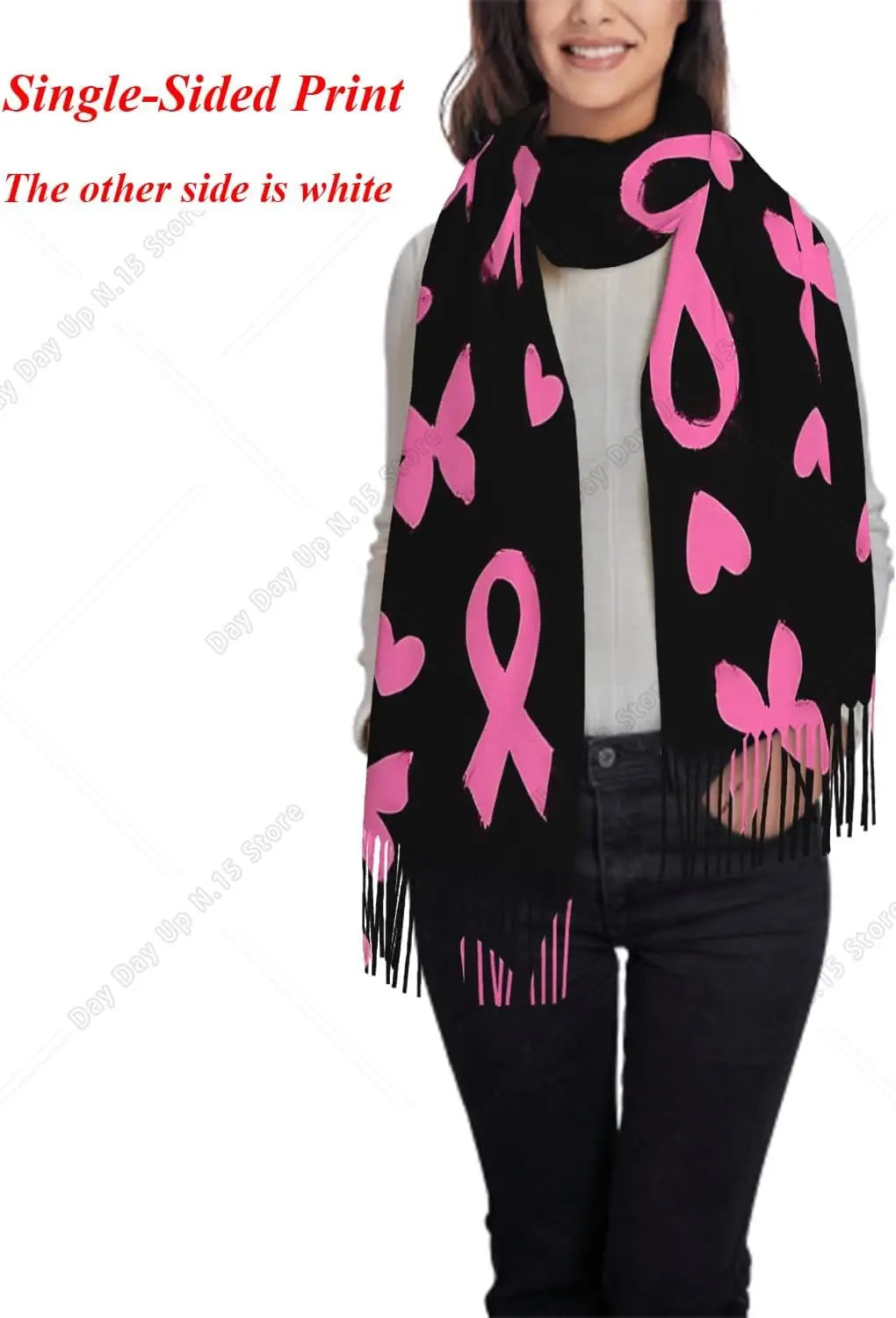 Oversized Heart Breast Cancer Awareness Pink Ribbon Print Tassel Fringe Shawl Scarf