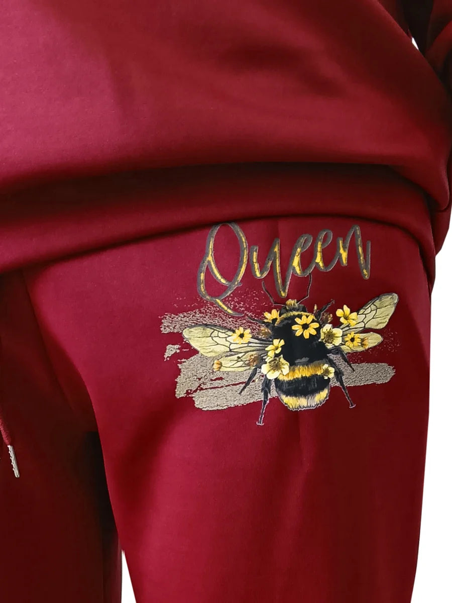 Queen Gold Metallic Bumble Bee Print Women's Pullover Sweatshirt + Sweatpants Tracksuit