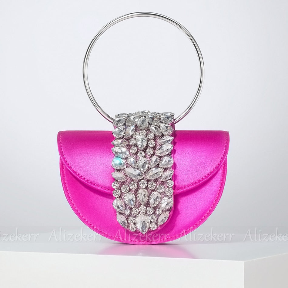 Satin Rhinestone Half Round Metal Ring Clutch Purse