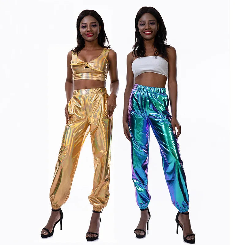 Metallic Shiny Jogger Holographic Reflective Hip Hop Ladies Harem Pants