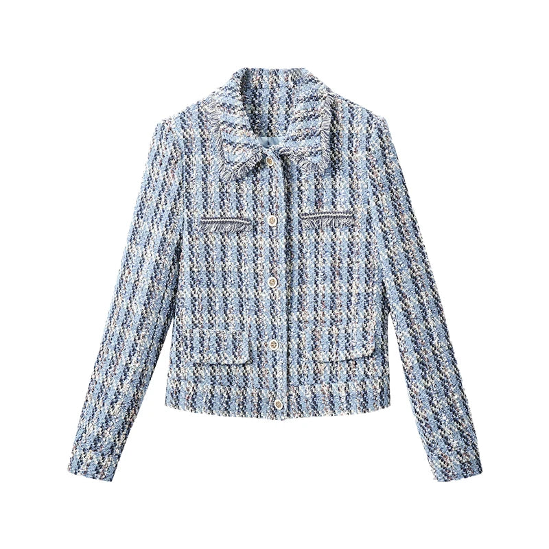 Plaid Cropped Tweed Wool Blend Tassel Blazer