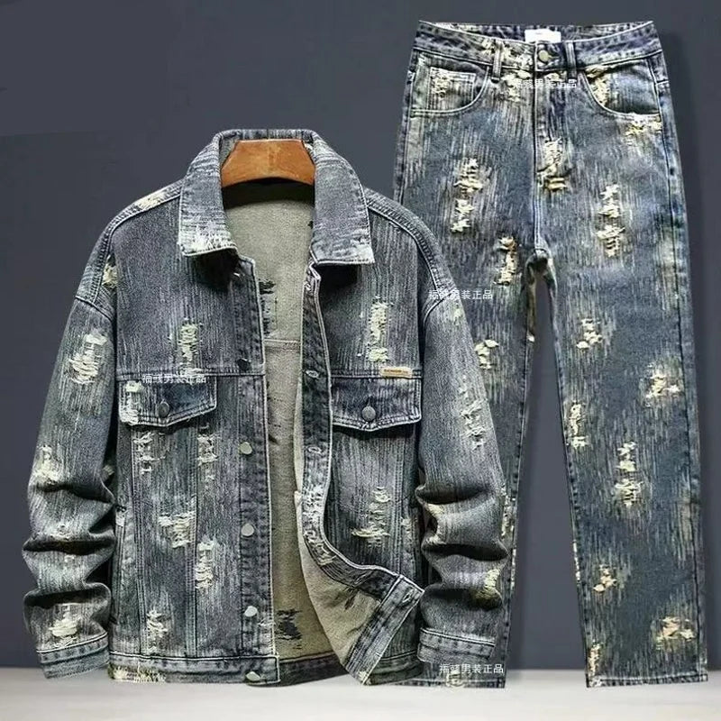 Men's Denim Hole Ripped Pattern Cowboy Jean Jacket + Skinny Jeans 2-Piece Set