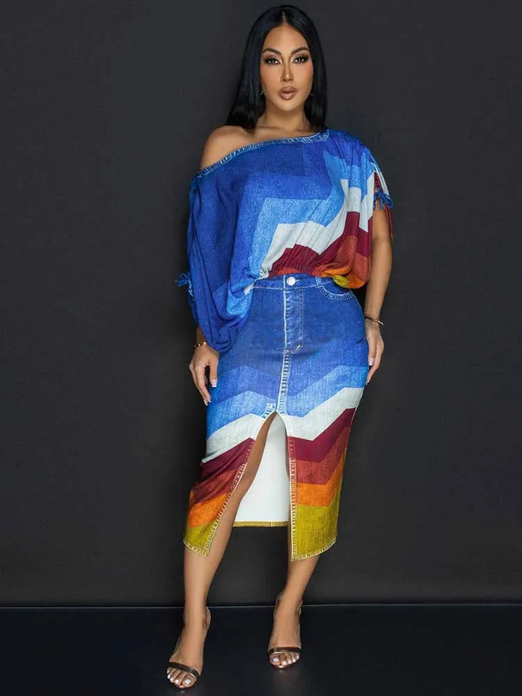 Mock Denim Striped Colorblock Slash Neck Women's Long Sleeve Crop Top + Open High Slit Skirt 2-Piece Set