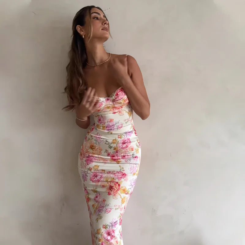 Satin White/Pink Flower Print Sleeveless Spaghetti Strap Skinny Maxi Formal Dress