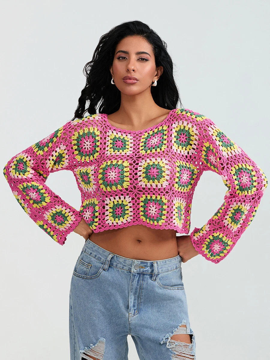 Crochet Square Floral Print Knitted Women’s Long Sleeve O-Neck Cropped Sweater