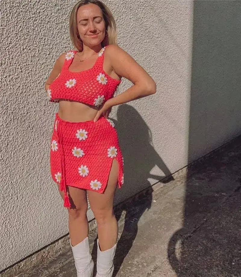 Crochet Big Flower Pattern Knitted Women's Sweater Tank Top + Drawstring Mini Skirt 2-Piece Set