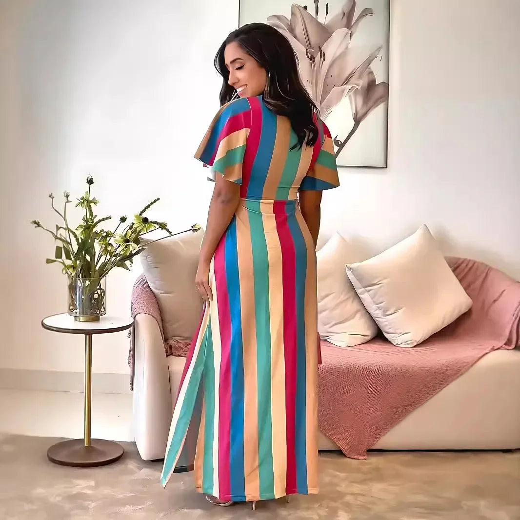Rainbow Striped Hollow-Out Short Butterfly Sleeve Lace-Up Maxi Dress