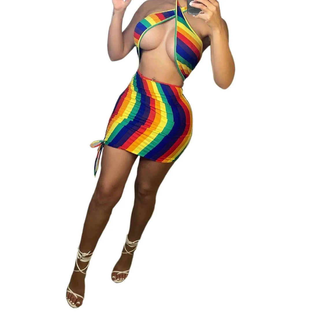 Striped Swirl Colorblock Print Criss-Cross Sleeveless Crop Top + Drawstring Bodycon Mini Skirt 2-Piece Set