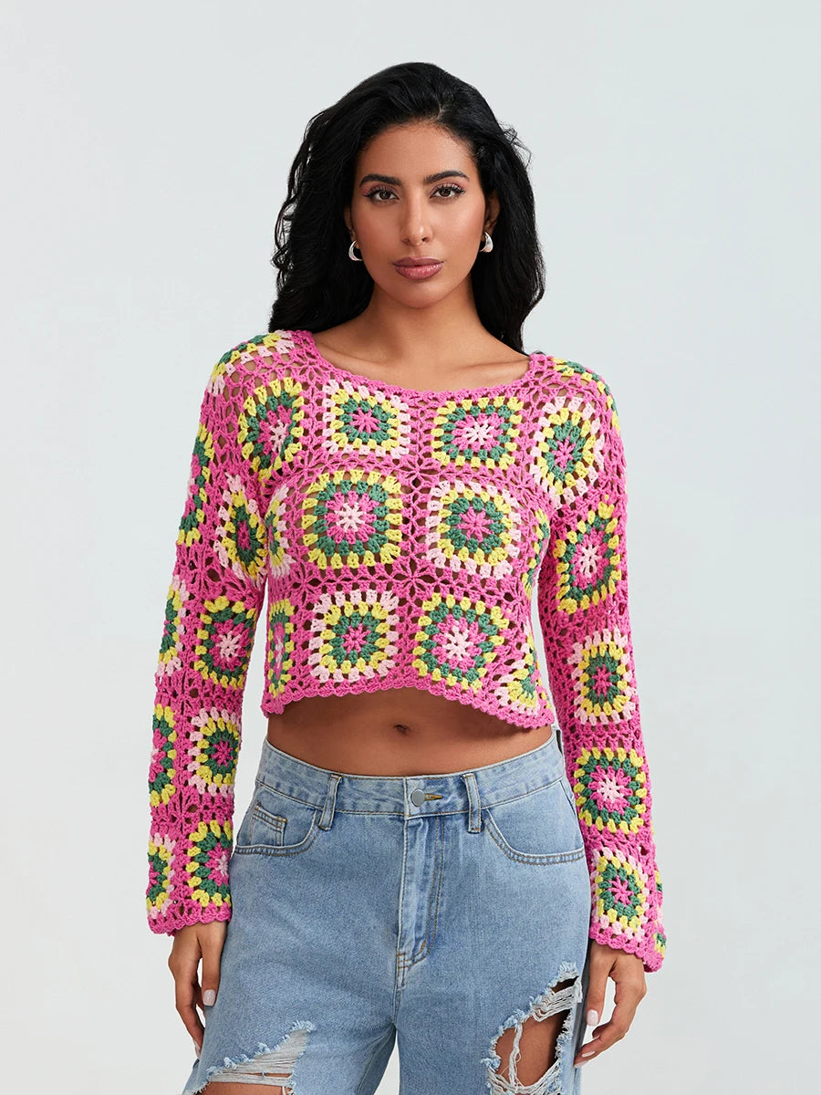 Crochet Square Floral Print Knitted Women’s Long Sleeve O-Neck Cropped Sweater