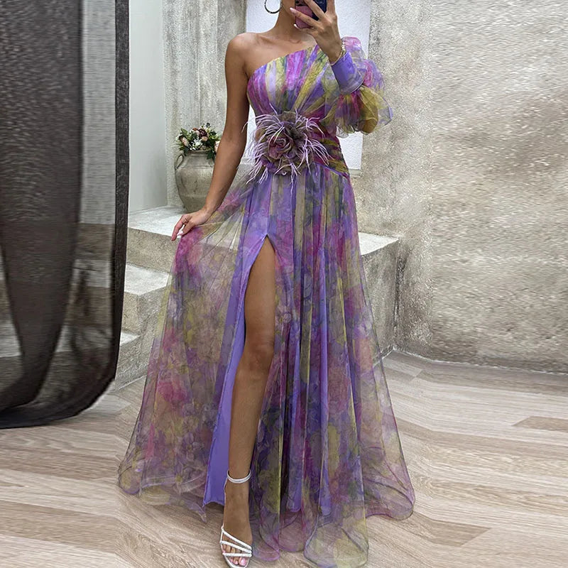 Mesh Diagonal Collar Flower Print One Shoulder Sleeve High Slit Dress