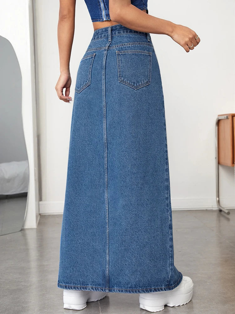 Denim Slant Pocket Detail High Slit Maxi Skirt