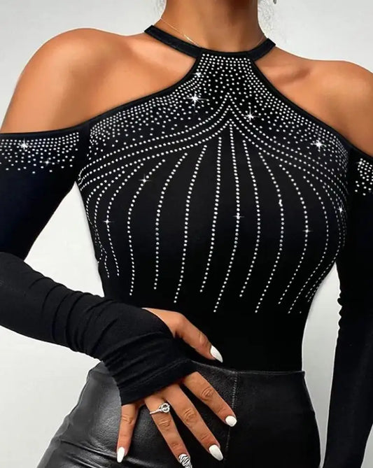 Rhinestone Cold Shoulder Skinny Long Sleeve Ladies Top