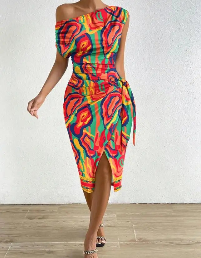 Rainbow Abstract Print Diagonal Collar Tied Detail Skew Neck Short Sleeve Slit Wrap Dress