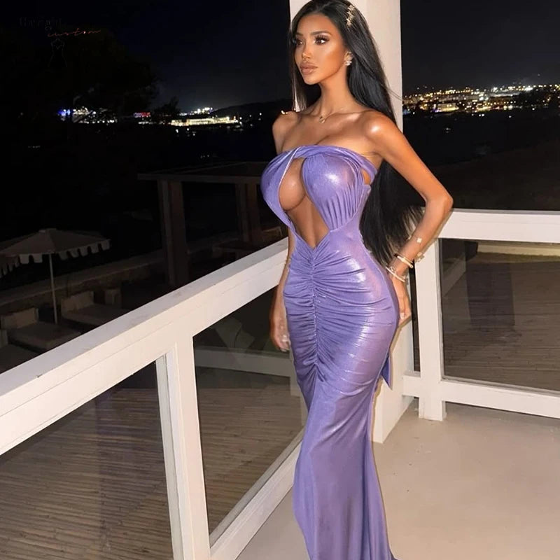 Purple PU Leather Sleeveless Mermaid Trumpet Strapless Prom/Party Formal Floor-Length Maxi Dress to 18W Plus Size