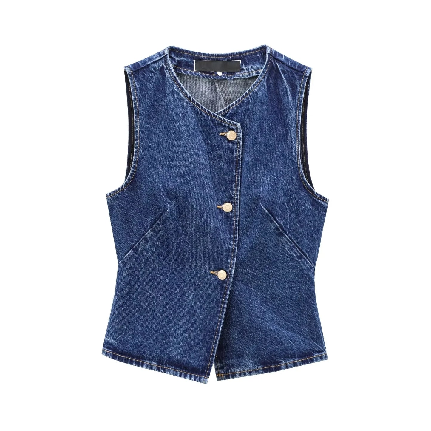 Blue Denim Cropped Sleeveless Streetwear Button-Up Women's Jean Vest