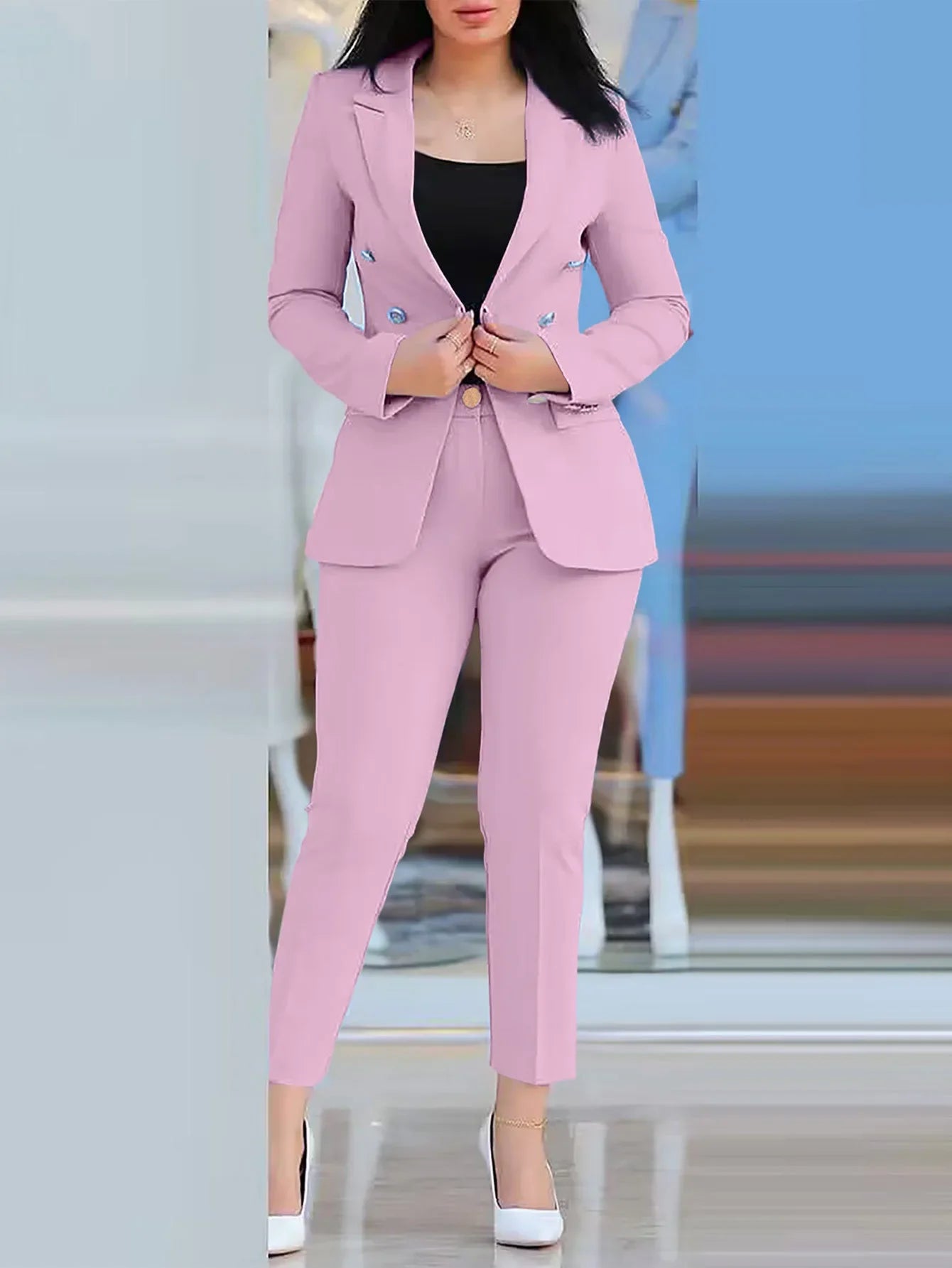 Gold Button Design Women's Solid Color Long Sleeve Blazer Jacket & High Waist Pencil Pants Business Suit
