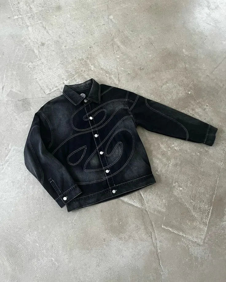 Men's Black Denim Embroidered Swirl Pattern Button-Up Turn-Down Collar Hoodie Jean Jacket + Hip-Hop Streetwear Jeans 2-Piece Set