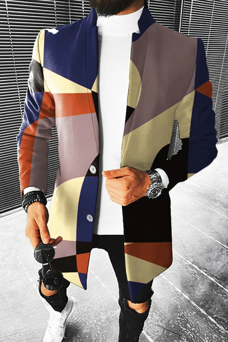 Men's Stand Collar Colorblock/Plaid/Geometric/African 3D Print 3/4 Length Button-Up Jacket 5X Big & Tall