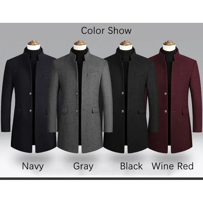 Men's Stand Collar Double Button Solid Color 3/4  Trenchcoat