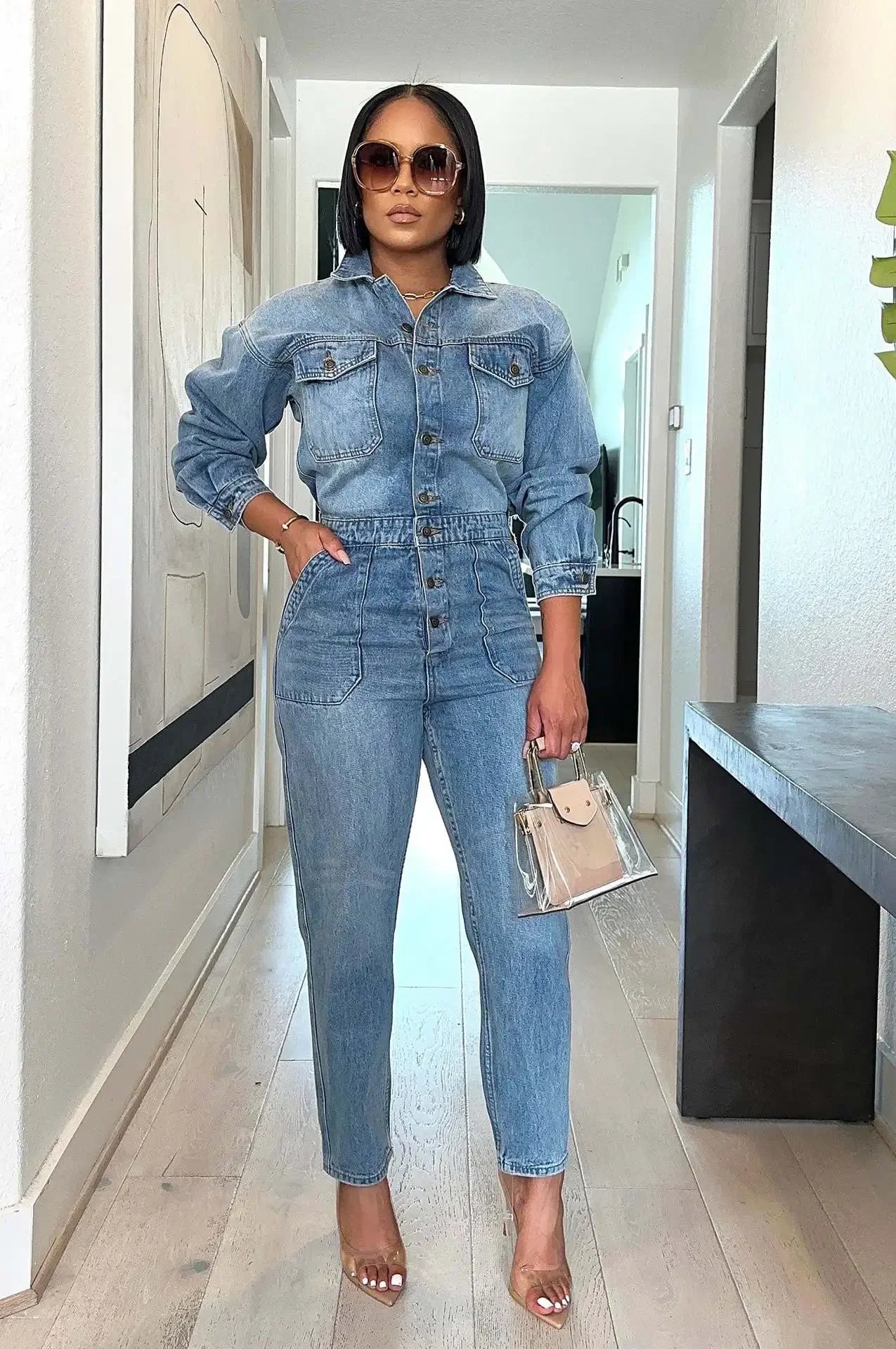 Denim Light Blue Faded Washed Turn-Down Collar Long Sleeve Single Breasted Skinny Romper Jean Jumpsuit