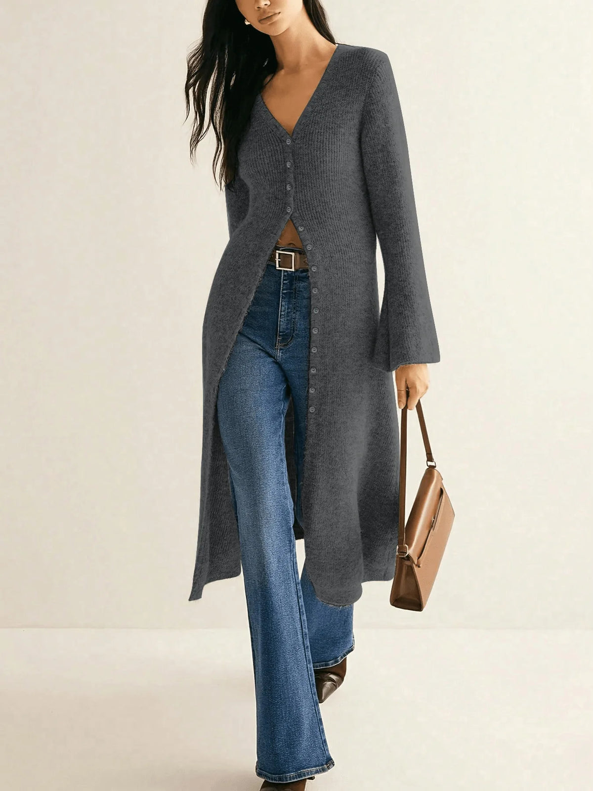Knitted Long Flared Sleeve Button Front Bodycon Women's Maxi Sweater