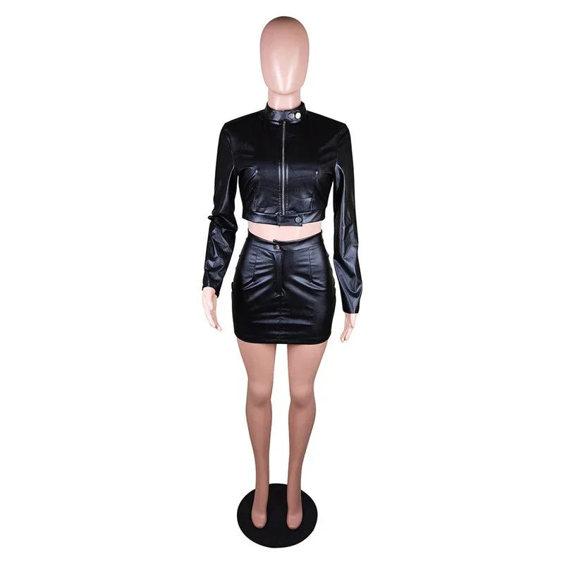 PU Faux Leather Dress Sets for Women 2 Piece Set Outfit Autumn Long Sleeve Jacket Top and Mini Skirt Moto Biker Matching Sets