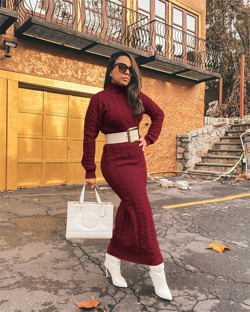 Turtleneck Knitted Weave Pattern Ribbed Sweater Long Sleeve Maxi Dress w/ Belt