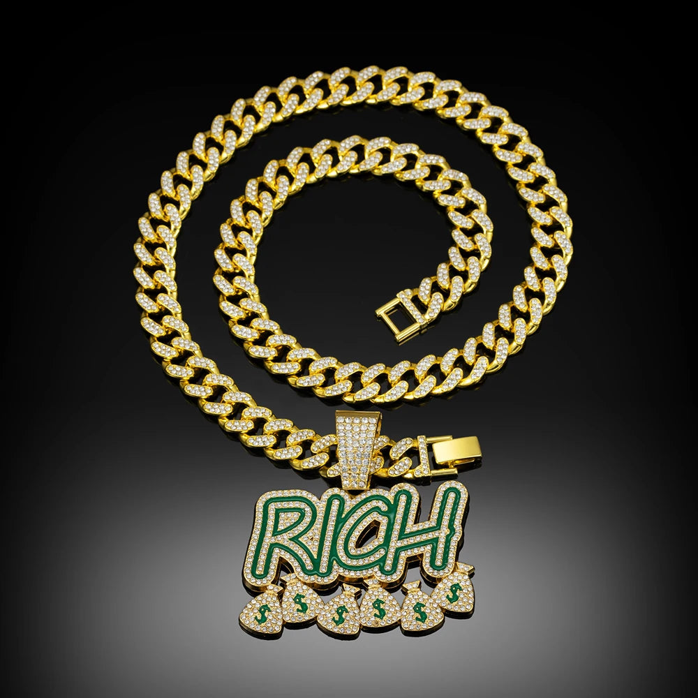 "Rich" Rhinestone Money Bag Pendant 13mm Miami Cuban Link Chain Necklace