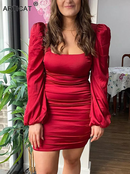 Red Satin Puff Sleeve Ruched Square Collar Dress