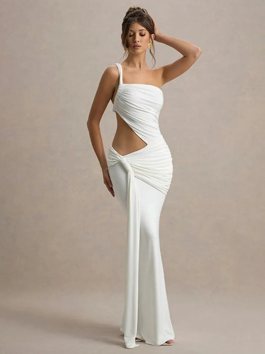 Irregular Ruched Hollow-Out One Shoulder Sleeveless Draped Bodycon Party Maxi Dress