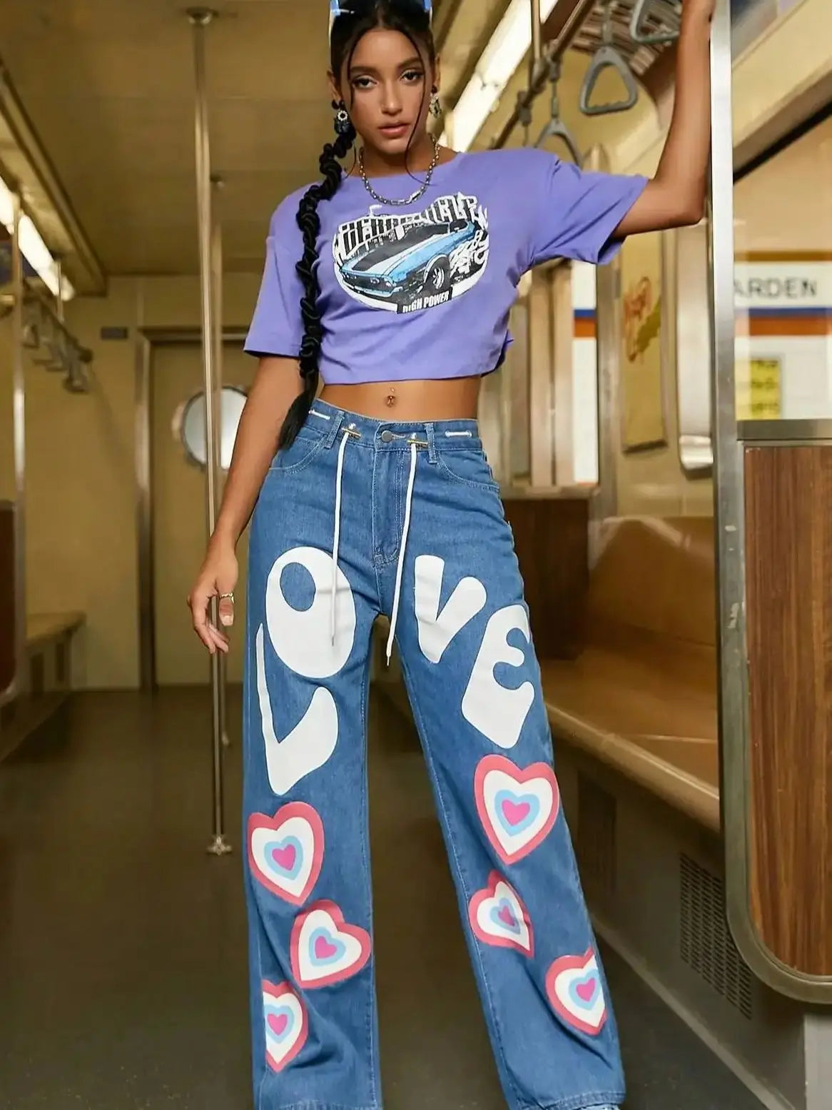 Denim Love Heart Print Streetwear Drawstring Women's Slanted Pocket Stright Leg Jeans