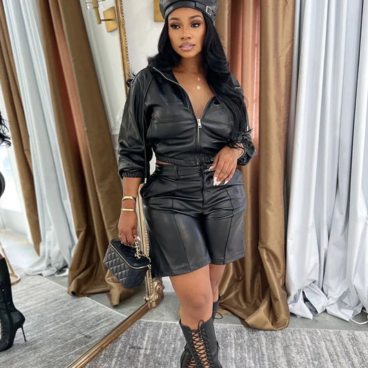 PU Leather Solid Color Long Sleeve Zipper Cropped Hoodie Jacket + Matching Shorts 2-Piece Set