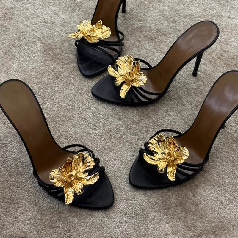 Metal Flower Decor Fashion Women's Stiletto High Heel Slip-On Sandal Pumps