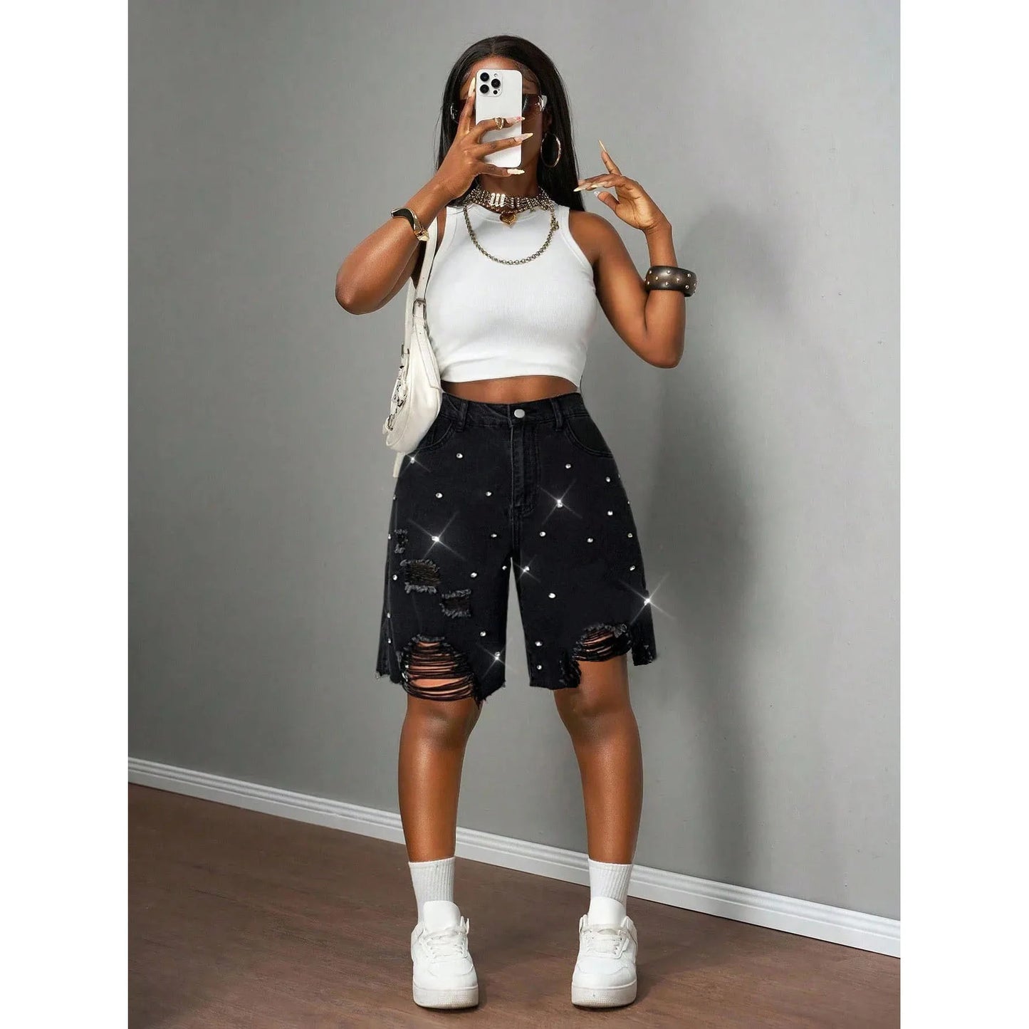 Denim Rhinestone Embellished Black Ripped Knee Length Women's Western Hip-Hop Jean Shorts