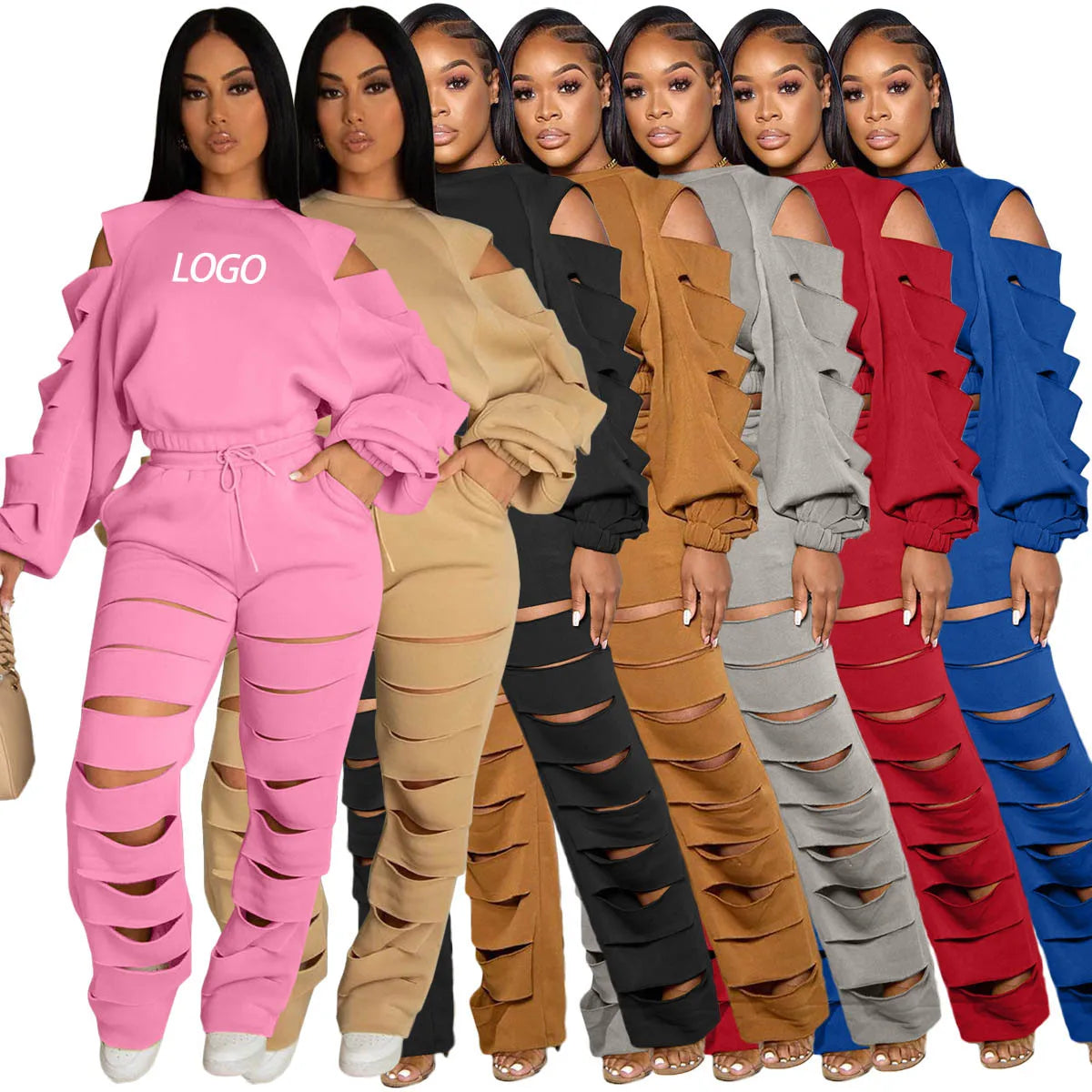 Customized Logo Solid Color Cut-Out Ripped Long Sleeve Top + Hollow-Out Joggers Tracksuit to 3X