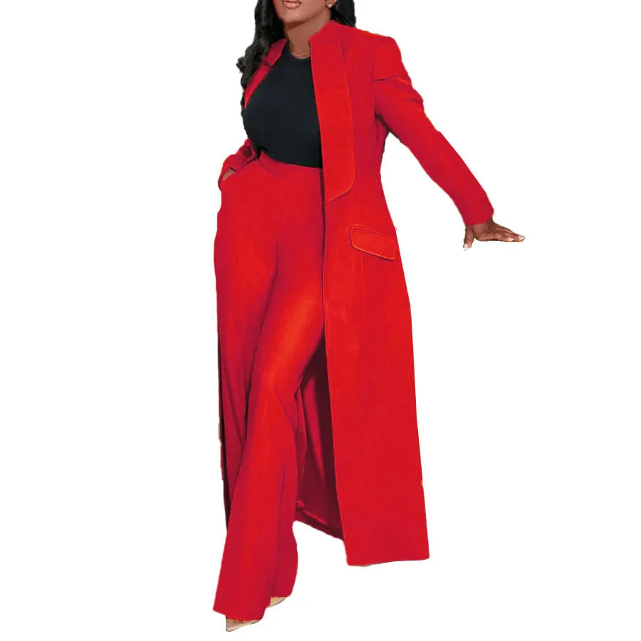 Notched Collar Solid Color Pocketed Maxi Trench Blazer + Pants Women's Office/Formal Party Suit
