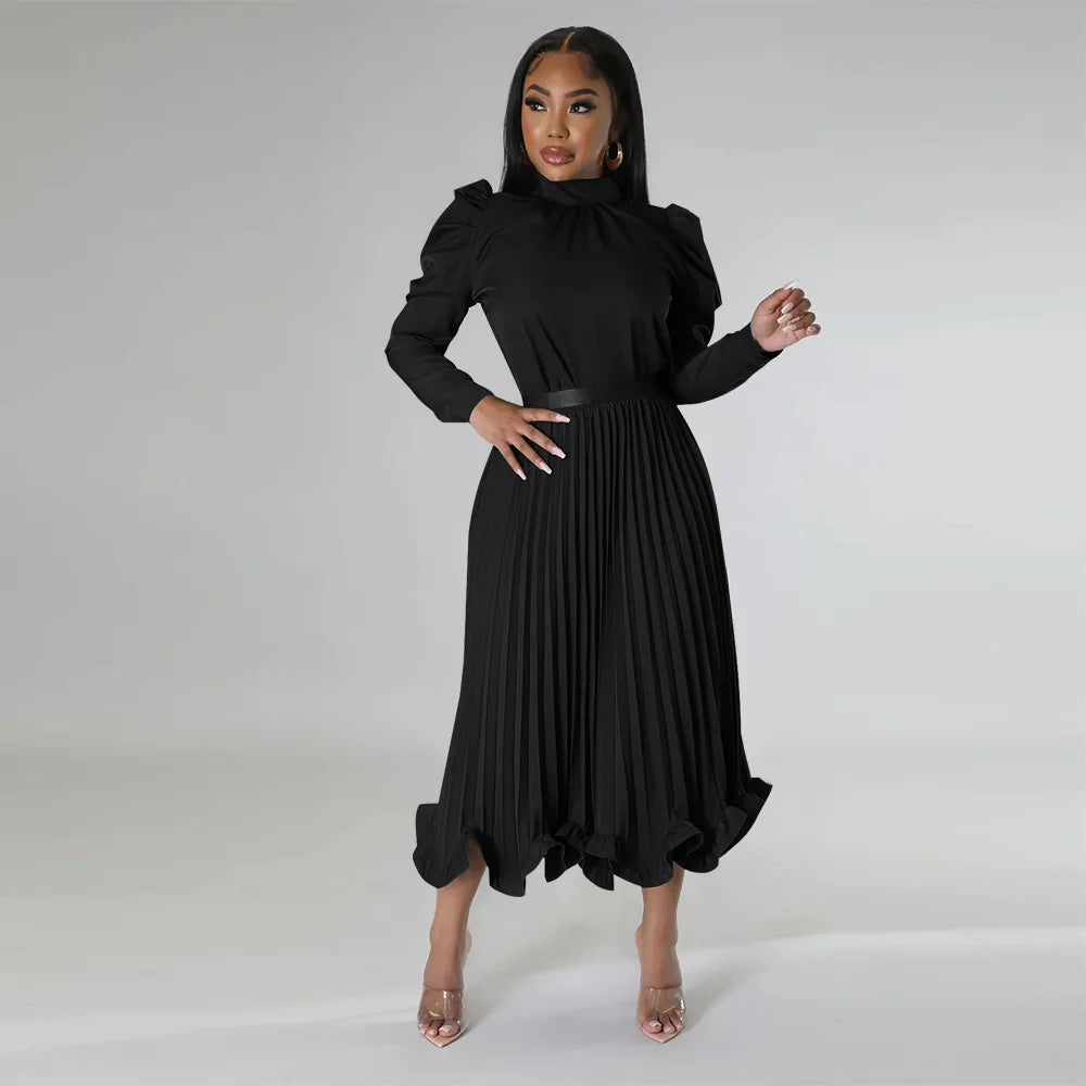 Women’s Solid Color O-Neck Lantern Sleeve Blouse + A-Line Flounce Formal Pleated Maxi Skirt w/ Sash Belt 2-Piece Set