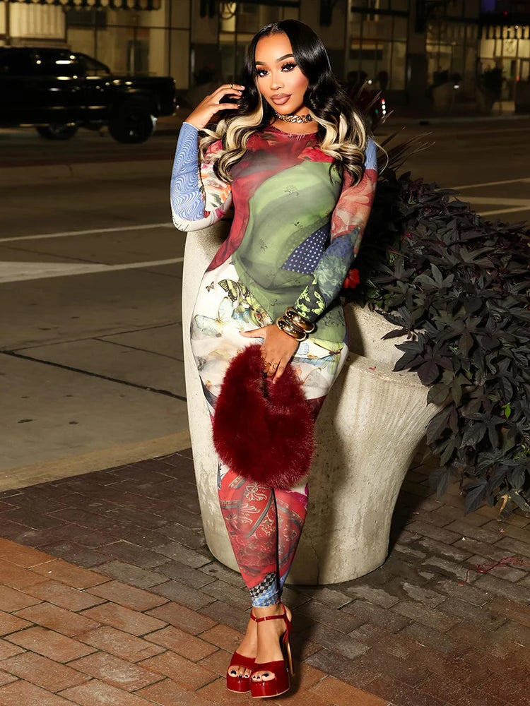Multi-Colored Geometric Print Women's O-Neck Long Sleeve Skin Tight Jumpsuit