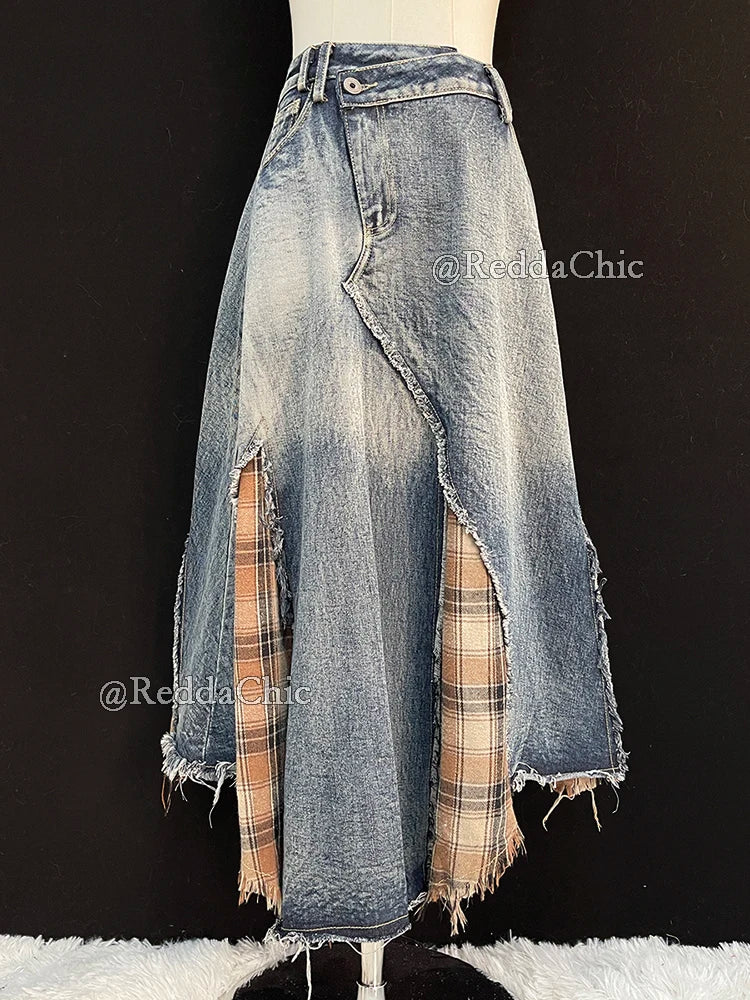 Plaid Retro Denim Blue Ombre Asymmetrical Tartan Stitch Overlay Streetwear Jean Maxi Skirt