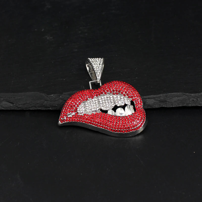 Red Bite Lip Pendant Crystal Iced Out Hip-Hop Cuban Link Chain Necklace