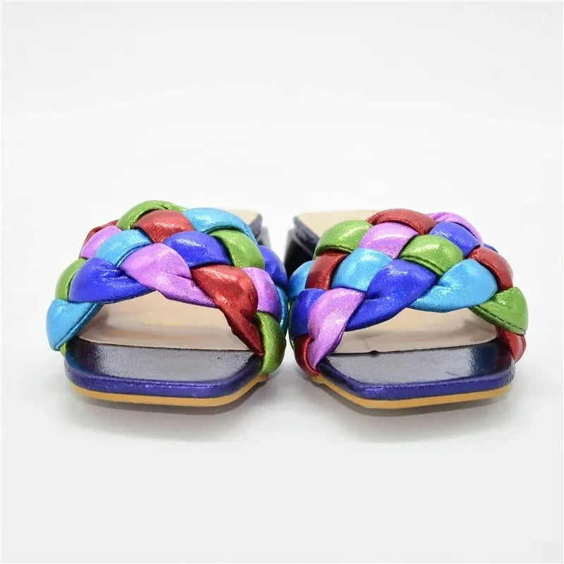 Rainbow Colorblock Weave Pattern Flat Open Toe Women's Sandals