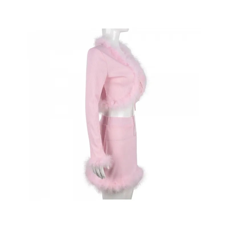 Pink Women's Faux Fur Rage Hem Crop Blazer + Mini Skirt 2 Piece Outfit