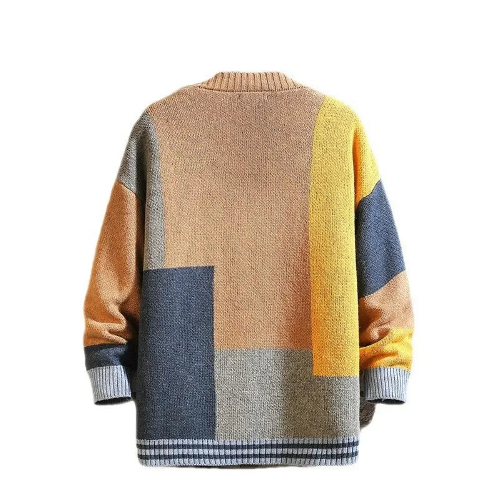 Wool Colorblock Checkered Men's Spliced Pattern Knitted Cardigan Sweater