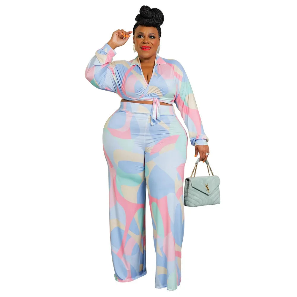 Houndstooth/Floral Tie-Dye Print Deep V-Neck Women's Long Sleeve Crop Top + Pants 2-Piece Set to 5X Plus Size