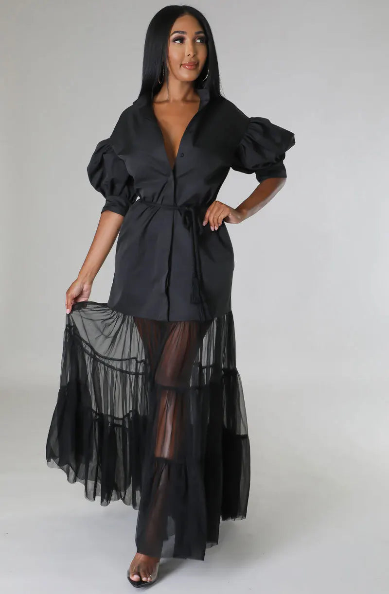 Puff 1/2 Sleeve Tiered Sheer Transparent Tulle Tutu Skirt Design Maxi Shirt Dress