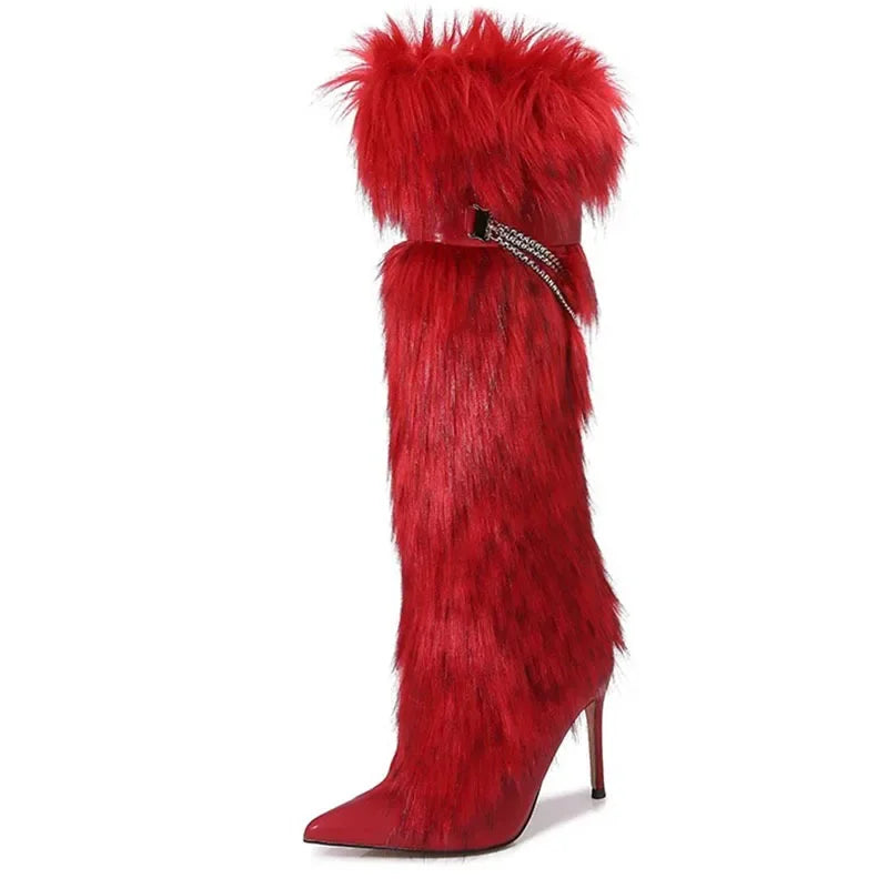 Shaggy Fur Stiletto Heel Pointed Toe Women's Knee-High Boots