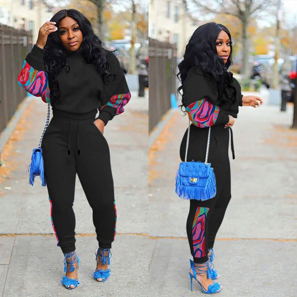 Colorblock O-Neck Temperament Geometric Commuter Patchwork Long Sleeve Spliced Contrast Top +Matching Pants 2-Piece Set to 3X Plus Size