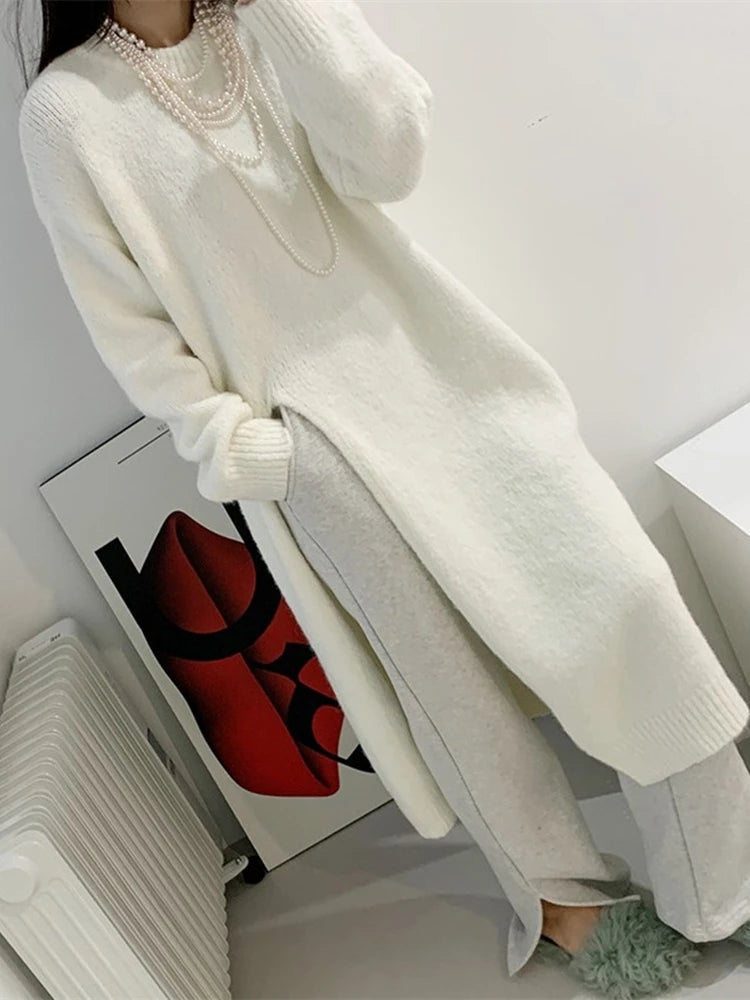 Oversized Wool Solid Knitted Long Sleeve Maxi Sweater Dress