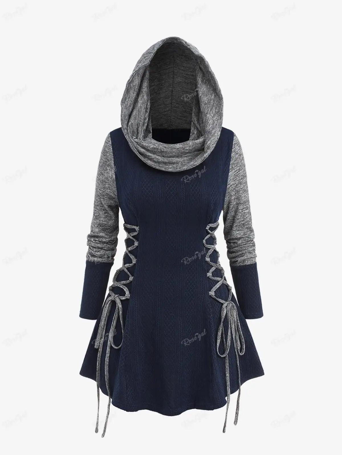 Patchwork Colorblock Ruched Turn-Down Collar Lace-Up Cable Knitted Pullover Mini Sweater Dress to 4X